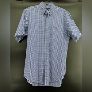 Ralph Lauren Gingham Classic Fit Short Sleeve Button Down Shirt Mens Medium Blue